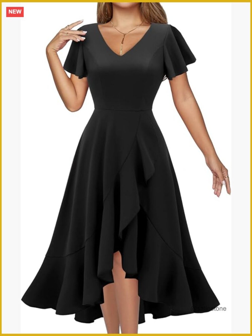 V-Neck Ruffle Hi Low Cocktail Dress, Fit & Flare, Short Sleeve, Solid